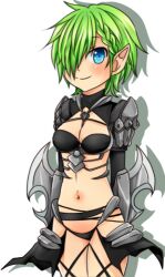 1girl arm_blade armor bikini_armor blue_eyes blush braid breasts cleavage closed_mouth commentary_request cowboy_shot green_hair guillotine_cross_(ragnarok_online) hair_over_one_eye looking_at_viewer lowres medium_breasts meiko_(nattu303) navel pauldrons pointy_ears ragnarok_online short_hair shoulder_armor shrug_(clothing) simple_background smile solo weapon white_background