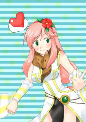 1girl animal animal_around_neck blue_background blush breasts closed_mouth commentary_request cowboy_shot detached_sleeves dress flower fox green_eyes hair_flower hair_ornament hairband heart kazu_ayase long_hair looking_at_viewer medium_breasts pelvic_curtain pink_hair professor_(ragnarok_online) ragnarok_online red_flower red_hairband sleeveless sleeveless_dress smile solo spoken_heart striped_background striped_sleeves white_sleeves yellow_sleeves