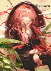 Rule 34 | 1girl, arknights, black jacket, black thighhighs, character name, chinese commentary, commentary request, cowboy shot, halo, hand on own cheek, hand on own face, jacket, lemuen (arknights), long hair, looking at viewer, parted lips, pink eyes, pink hair, plant, qingdongsw, sitting, smile, solo, thighhighs, traditional halo, twitter username, white halo, zipper