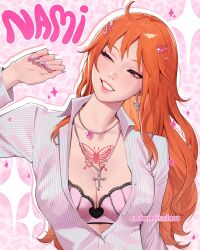 1girl bra breasts character_name chest_tattoo cleavage collared_shirt commission cross cross_necklace earrings fingernails hair_ornament hairclip highres jewelry lavelis lips long_fingernails long_hair medium_breasts nail_polish nami_(one_piece) necklace one_eye_closed one_piece orange_hair partially_unbuttoned pink_bra pink_lips shirt silver_necklace solo tattoo teeth underwear upper_body