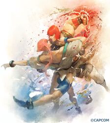 2girls ballet biceps capcom company_name dougi hip_vent incoming_attack incoming_punch manon_legrand multiple_girls muscular muscular_female official_art pink_hair punching red_hair short_hair_with_long_locks smile stirrup_footwear street_fighter street_fighter_6 takayuki_nakayama watermark