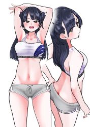Rule 34 | 1girl, armpits, arms behind head, arms up, black hair, boku no kokoro no yabai yatsu, boyshort panties, breasts, brown eyes, from above, from below, groin, hand on own hip, highres, long hair, looking back, medium breasts, midriff, multiple views, navel, open mouth, sakurai norio, smile, sports bra, tagme, yamada anna