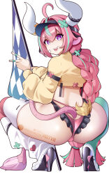 1girl ahoge animal_ears aqua_hair aqua_thighhighs ass bandaid bandaid_on_cheek bandaid_on_face black_hat braid breasts checkered_flag commentary cow_ears cow_girl cow_horns cow_tail crumbs english_commentary fang flag genshin_impact hair_intakes hat high_heels highres holding holding_flag horns hot_vr jacket long_hair long_sleeves looking_at_viewer open_mouth pink_hair purple_eyes simple_background smile solo squatting tail teeth thighhighs thighs twin_braids twintails varesa_(genshin_impact) visor_cap white_background white_horns white_thighhighs yellow_jacket