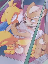 2boys anal arwing ass ass_grab barefoot blush bottomless closed_eyes crossover cum cum_in_ass fox_mccloud furry furry_male gloves green_eyes half-closed_eyes highres hug male_focus male_penetrated moaning multiple_boys naughty_face nintendo open_mouth orgasm penis rexin sex sitting smile soles sonic_(series) space spread_legs star_fox sweat tails_(sonic) testicles toes yaoi