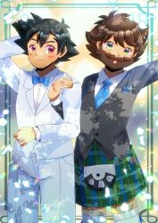 2boys aged_up arm_behind_head arm_up ash_ketchum beard black_hair blue_bow blue_bowtie blue_flower blue_necktie blurry blurry_background bow bowtie brown_hair collared_shirt commentary_request commission depth_of_field dress_shirt facial_hair flower formal_clothes green_eyes grey_jacket jacket kilt kou_hiyoyo locked_arms male_focus multiple_boys mustache necktie nintendo original pants plaid pokemon pokemon_(anime) red_eyes shirt skeb_commission standing stubble suit thick_eyebrows thighhighs white_jacket white_pants white_shirt white_thighhighs yaoi