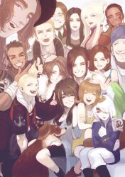 angelo_(ff8) arm_warmers bare_shoulders black_hair breasts brown_eyes brown_hair cleavage closed_mouth dress edea_kramer ellone everyone final_fantasy final_fantasy_viii fuujin_(ff8) gloves imouto_hitori irvine_kinneas jacket jewelry kiros_seagill laguna_loire long_hair looking_at_viewer medium_breasts multiple_boys multiple_girls necklace open_mouth quistis_trepe raijin_(ff8) rinoa_heartilly seifer_almasy selphie_tilmitt shirt short_hair simple_background skirt sleeveless_duster smile squall_leonhart ward_zabac white_background zell_dincht