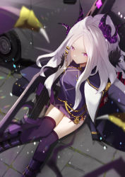 1girl absurdres armband black_gloves blue_archive blurry boots car coat coat_on_shoulders commentary_request demon_girl demon_horns demon_wings depth_of_field e_buki forehead from_above fur-trimmed_coat fur_trim gloves gun hair_ornament hairclip halo highres hina_(blue_archive) holding holding_gun holding_weapon horns knee_boots long_hair long_sleeves looking_at_viewer looking_up machine_gun mg42 military military_uniform motor_vehicle parted_bangs purple_eyes purple_thighhighs sidelocks sitting solo thighhighs weapon white_hair wings zettai_ryouiki