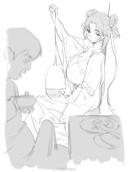 1boy 1girl ;) blurry blurry_foreground bottle bowl breasts bulge chopsticks cleavage eating erection erection_under_clothes facial_mark forehead_mark gebijiade_89 hand_up highres holding holding_bottle holding_chopsticks large_breasts long_hair long_sleeves looking_at_another monochrome one_eye_closed open_mouth original photo-referenced plate rice rice_bowl shuangyaji sketch smile table upper_body watermark weibo_watermark white_background wide_sleeves
