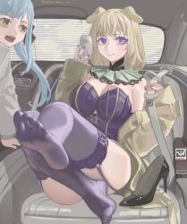 2girls absurdres ave_mujica_(bang_dream!) blonde_hair blue_hair blush car_interior feet garter_straps highres long_hair looking_at_viewer medium_hair misumi_uika multiple_girls purple_eyes purple_thighhighs see-through_clothes see-through_legwear shoes single_shoe smile soles thighhighs toes togawa_sakiko twintails unworn_shoes yukiale