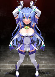 1girl aqua_eyes armlet armpits arms_up blue_boots blue_dress blue_hair blue_skirt boots breasts brick brick_floor chain cleavage cleavage_cutout clothing_cutout covered_navel dress elbow_gloves exs-tia full_body gem gloves hair_intakes headgear highres jewelry katsuragi_marina kouyoku_senki_exs-tia large_breasts looking_at_viewer medium_breasts multicolored_dress multicolored_skirt pleated_skirt restrained skirt solo thighhighs white_boots white_dress white_gloves zettai_ryouiki
