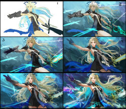 1girl arm_up armored_gloves artist_name bare_shoulders black_collar black_dress blonde_hair blue_eyes blue_hair blue_hands breasts closed_mouth collar colored_inner_hair commentary cowboy_shot crown_of_thorns darkyo07 dress earrings english_commentary fleurdelys_(wuthering_waves) floating floating_earrings floating_object floating_sword floating_weapon highres holding holding_sword holding_weapon horns jewelry large_breasts long_hair making-of multicolored_hair multiple_swords necklace parted_bangs pointy_ears sidelocks single_horn solo sword tabard tacet_mark_(wuthering_waves) twitter_username very_long_hair weapon white_tabard wuthering_waves yellow_horns