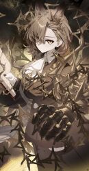1girl absurdres animal_ear_fluff animal_ears arknights ascot black_coat book brown_hair closed_mouth coat commentary_request expressionless extra_ears gauntlets hair_between_eyes highres holding holding_book long_sleeves looking_at_viewer mole mole_above_eye open_book penance_(arknights) single_gauntlet slit_pupils solo songchuan_li standing thorns white_ascot wolf_ears wolf_girl yellow_eyes