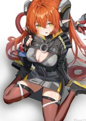 1girl 1other absurdres amorous416 blush breasts cleavage demon_horns dress green_eyes gun highres hood hoodie horns large_breasts long_hair looking_to_the_side magus_(zenless_zone_zero) open_mouth orange_hair orphie_magnusson pointy_ears simple_background sitting sweat thighhighs twintails wariza weapon white_background zenless_zone_zero zipper_dress