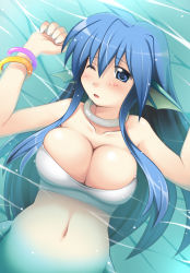 1girl bad_id bad_pixiv_id blue_eyes blue_hair blush bracelet breast_press breasts cleavage dutch_angle female_focus fins head_fins ikujitto jewelry large_breasts long_hair lying madou_monogatari matching_hair/eyes mermaid monster_girl navel neck_ring on_back one_eye_closed puyopuyo serilly_(puyopuyo) skindentation solo very_long_hair water wince wink