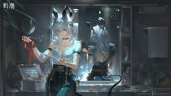 1girl absurdres arm_strap bandaged_arm bandages bathroom black_choker black_horns black_pants black_tail breasts chinese_commentary choker collarbone commentary_request curled_horns demon_tail first_aid_kit grey_hair hair_between_eyes high-waist_pants highres horns indoors large_breasts logo long_hair median_furrow multicolored_hair necktie official_art pants red_necktie reflection shirt shirt_tucked_in solo streaked_hair tacet_mark_(wuthering_waves) tail torn_clothes torn_shirt white_shirt wuthering_waves zani_(wuthering_waves)