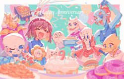 2021 3girls 6+boys alphys annoying_dog asgore_dreemurr beard blonde_hair blue_eyes blue_jacket blue_skin blue_sweater bottle brown_hair burger cake colored_skin dog donut english_text eyepatch facial_hair flower flowey_(undertale) food frisk_(undertale) ghost glasses gloves grin highres holding holding_bottle horns hot_dog jacket ketchup mettaton monyorun multiple_boys multiple_girls napstablook open_mouth papyrus_(undertale) party_popper pie red_gloves robot sans_(undertale) short_hair skeleton smile sweater teeth tongue tongue_out toriel twitter_username undertale undyne upper_body upper_teeth_only white_fur white_gloves