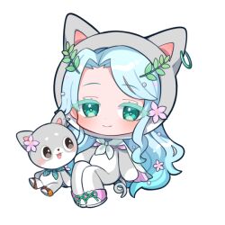 Rule 34 | 1boy, 1girl, :3, adria anthelia, animal ear hood, aqua eyes, blue hair, blush, bond en, bondlive, cape, chibi, closed mouth, colored eyelashes, dog boy, dot nose, fake animal ears, flower, full body, green cape, hood, ibaraki natou, long hair, one-chi, onesie, open mouth, orange shoes, pink flower, pink shoes, shoelaces, shoes, simple background, sitting, smile, transparent background, virtual youtuber