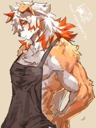 1boy 1other apron arknights bara biceps black_apron blush colored_tips commentary_request doctor_(arknights) furry furry_male hand_on_own_hip highres horns hung_(arknights) komainu_boy komainu_ears looking_at_viewer male_focus multicolored_hair muscular muscular_male mutomorokoshi orange_eyes profile single_horn sweatdrop topless_male translation_request