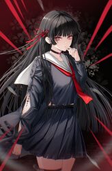 1girl absurdres black_hair black_shirt black_skirt breasts chisa_(wuthering_waves) closed_mouth collarbone commentary glint hair_ribbon haku_ei hand_up highres large_breasts long_hair long_sleeves looking_at_viewer red_eyes red_ribbon ribbon sailor_collar shirt skirt solo tacet_mark_(wuthering_waves) thighs white_sailor_collar wuthering_waves