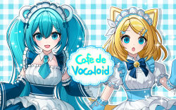 2girls :o absurdres alternate_costume animal_ears apron aqua_ascot aqua_eyes aqua_hair ascot bear_ears bell blonde_hair blue_bow blue_bowtie blue_dress blue_sleeves bow bowtie cat_ears cat_girl cat_tail detached_sleeves dress frilled_apron frills hair_ornament hatsune_miku heart heart_hair_ornament highres kagamine_rin kemonomimi_mode long_hair looking_at_viewer maid maid_headdress medium_hair merchandise_available multiple_girls neck_bell nilly_(nillyliya) open_mouth smile surprised tail very_long_hair vocaloid white_apron