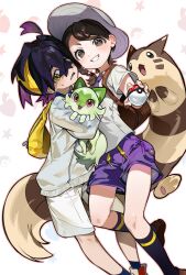 1boy 1girl 5oh5s2 absurdres black_hair black_socks blush brown_hair collared_shirt crossed_bangs furret gen_2_pokemon grey_hat grey_jacket grin hairband hat highres holding holding_poke_ball holding_pokemon jacket juliana_(pokemon) kieran_(pokemon) kneehighs long_sleeves looking_at_viewer multicolored_hair necktie nintendo poke_ball poke_ball_(basic) pokemon pokemon_(creature) pokemon_sv purple_hair purple_shorts school_uniform shirt short_sleeves shorts simple_background smile socks sprigatito star_(symbol) sweat uva_academy_school_uniform white_shorts yellow_bag yellow_hairband