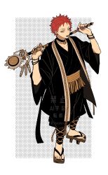 1boy black_choker black_haori black_nails bracelet choker ear_piercing full_body geta hacobox haori harai_kuko highres holding holding_staff hypnosis_mic japanese_clothes jewelry looking_at_viewer male_focus piercing red_hair sash short_hair solo staff teeth toenails upper_teeth_only white_background wide_sleeves yellow_eyes