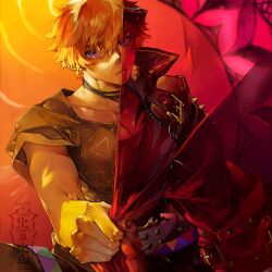 1boy beelzebub_(obey_me!) belt black_horns black_jacket closed_mouth collarbone curtain_grab curtains highres horns jacket jewelry kazanniro leather leather_jacket male_focus multiple_belts necklace obey_me!:_one_master_to_rule_them_all! purple_eyes short_sleeves solo split_theme
