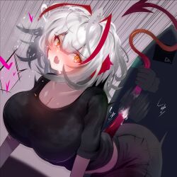 1girl 1other :o all_fours antennae arknights bent_over black_shirt breasts cleavage cowboy_shot disembodied_hand fang grey_hair heart hige_qr highres huge_breasts motion_lines orange_eyes pants shirt short_hair short_sleeves skin_fang solo solo_focus t-shirt tail tail_stimulation w_(arknights)