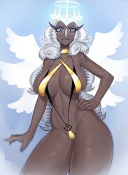 1girl absurdres angel_wings bergoq breasts bursting_breasts colored_sclera dark-skinned_female dark_skin deep_skin grey_hair grey_sclera hazbin_hotel highres huge_breasts long_hair looking_at_viewer sera_(hazbin_hotel) slingshot_swimsuit solo swimsuit thick_thighs thighs wide_hips wings