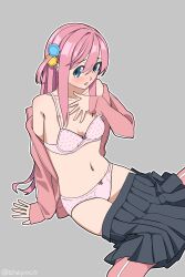 1girl absurdres artist_name black_skirt blue_eyes bocchi_the_rock! bra collarbone gotoh_hitori grey_background highres jacket long_hair looking_at_viewer navel open_mouth panties pants partially_undressed pink_bra pink_hair pink_jacket pink_panties pink_pants shapoco simple_background sitting skirt solo underwear