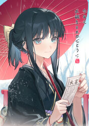 1girl absurdres black_hair black_kimono blue_eyes blunt_bangs highres holding holding_umbrella japanese_clothes kimono long_hair mikou_(mikou_minnow) oil-paper_umbrella red_umbrella smile touma_kazusa umbrella upper_body white_album_(series) white_album_2