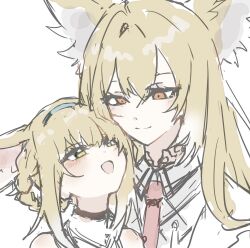 animal_ears arknights blonde_hair fox_ears fox_girl green_eyes highres long_hair mother_and_daughter necktie one_eye_closed orange_eyes pi_osakana red_necktie short_hair sketch suzuran_(arknights) vulpisfoglia_(arknights)