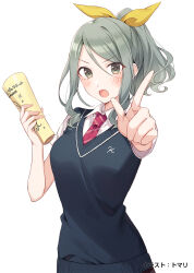1girl :o blue_sweater_vest blush breasts collared_shirt commentary_request green_eyes green_hair hair_between_eyes hair_ribbon hand_up high_ponytail highres holding looking_at_viewer medium_hair necktie official_art open_mouth ponytail red_necktie ribbon school_uniform second-party_source shirt short_sleeves sidelocks simple_background solo sweater_vest tomari_(veryberry00) tomodachi_no_imouto_ga_ore_ni_dake_uzai translation_request upper_body white_background white_shirt wing_collar yellow_ribbon