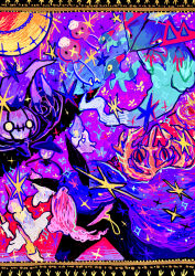 ._. absurdres animal_focus artist_name black_eyes blank_eyes brambleghast candle chandelure closed_eyes colored_sclera colorful crying dragapult dreepy drifloon fire full_moon gen_4_pokemon gen_5_pokemon gen_8_pokemon highres horse lampent litwick long_hair moon nintendo no_humans otonoha_aika pokemon pokemon_(creature) purple_background purple_fire purple_hair purple_theme signature sparkle spectrier tears u_u yellow_eyes yellow_sclera