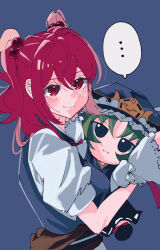 ... 1girl black_sash blue_background blue_hat blue_vest blush character_doll closed_mouth commentary_request doll eik_s2 frilled_hat frills fumo_(doll) hair_bobbles hair_ornament hat looking_at_viewer obi onozuka_komachi red_eyes red_hair sash shiki_eiki shirt short_sleeves simple_background smile solo spoken_ellipsis touhou two_side_up upper_body vest white_shirt