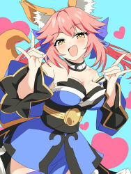 1girl :d animal_ear_fluff animal_ears aqua_background baasaku_(balasaku24) bare_shoulders blue_bow blue_kimono blush bow breasts bright_pupils choker commentary_request cowboy_shot detached_sleeves double_fox_shadow_puppet eyelashes fate/extra fate_(series) flipped_hair fox_ears fox_girl fox_shadow_puppet fox_tail hair_bow hands_up happy head_tilt heart highres japanese_clothes kimono large_breasts long_hair long_sleeves looking_at_viewer open_mouth pink_hair sidelocks simple_background smile solo tail tamamo_(fate) tamamo_no_mae_(fate) twintails white_choker white_pupils wide_sleeves yellow_eyes