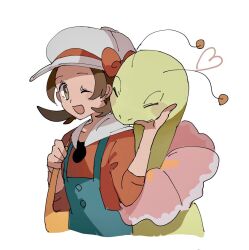 1girl ;d bag blue_overalls bow brown_eyes brown_hair cabbie_hat game_freak gen_2_pokemon handbag hat hat_bow heart long_hair lyra_(pokemon) meganium nintendo one_eye_closed open_mouth overalls pokemon pokemon_(creature) pokemon_hgss red_bow red_shirt shichibee_(stm_mimi) shirt simple_background smile three-quarter_sleeves twintails white_background white_hat yellow_bag