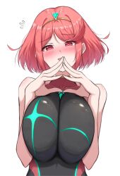 Rule 34 | 1girl, blush, bob cut, breasts, commentary request, covered collarbone, flying sweatdrops, heart, heart-shaped pupils, highres, huge breasts, medium hair, official alternate costume, okazu2010015, own hands together, pyra (pro swimmer) (xenoblade), pyra (xenoblade), red eyes, red pupils, simple background, solo, symbol-shaped pupils, tiara, upper body, white background, xenoblade chronicles (series), xenoblade chronicles 2