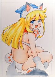 Rule 34 | 1girl, :d, animal ear hairband, animal ears, animal hands, armpit crease, bare shoulders, blonde hair, blue eyes, blue hat, bra, cat ears, cat tail, collar, commentary request, detached collar, fake animal ears, fake tail, fang, from behind, gloves, hairband, hat, kaoru3006, long hair, looking at viewer, looking back, open mouth, panties, paw gloves, paw shoes, puyopuyo, shoes, sitting, smile, solo, tail, traditional media, underwear, white bra, white collar, white gloves, white hairband, white panties, white shoes, witch (puyopuyo)