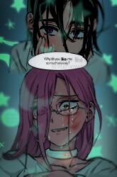 2girls absurdres alien_stage black_hair bruise bruise_on_face choker commentary english_commentary english_text glasses hand_on_own_face highres injury koaen0024 long_hair mizi_(alien_stage) multiple_girls pink_hair purple_eyes short_hair smile speech_bubble star_(symbol) sua_(alien_stage) tears white_choker yellow_eyes