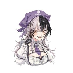 1girl ascot black_hair breasts cleavage grey_hair hair_ornament happy_(yppah1060) highres hololive hololive_english large_breasts long_hair multicolored_hair open_mouth pirate_costume purple_ascot shiori_novella shirt simple_background solo split-color_hair teeth two-tone_hair virtual_youtuber white_background yellow_eyes yorick_(shiori_novella)