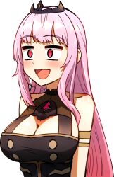 Rule 34 | 1girl, :d, arm strap, bare shoulders, black dress, black tiara, blush, breasts, buttons, cleavage, commentary, ddolbang, double-breasted, dress, english commentary, halter dress, halterneck, highres, hololive, hololive english, large breasts, long hair, looking ahead, mori calliope, mori calliope (1st costume), no pupils, open mouth, pink hair, red eyes, sidelocks, sleeveless, sleeveless dress, smile, solo, tiara, transparent background, virtual youtuber, wide-eyed