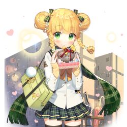 Rule 34 | 1girl, bag, black thighhighs, blonde hair, braid, chocolate, double bun, food, green eyes, green scarf, green skirt, hair bun, holding, holding chocolate, holding food, locker, plaid clothes, plaid scarf, plaid skirt, salt (salty), sapphire emerald, scarf, school bag, school uniform, skirt, thighhighs, twin braids, twintails, uchi no hime-sama ga ichiban kawaii