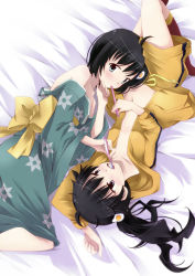 10s 2girls araragi_karen araragi_tsukihi bakemonogatari bed_sheet black_eyes black_hair blue_eyes egg_(food) female_focus food fried_egg gym_shorts hair_ornament hood hooded_track_jacket jacket japanese_clothes kimono long_hair monogatari_(series) multiple_girls navel nisemonogatari no_bra nora-toro open_clothes rotational_symmetry short_hair shorts siblings side_ponytail sisters toothbrush track_jacket tsurime yuri