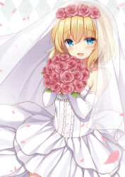 1girl :d absurdres alice_margatroid argyle_background bare_shoulders blonde_hair blue_eyes blush bouquet bridal_veil center_frills cowboy_shot dress elbow_gloves falling_petals flower frills gloves grey_background highres holding holding_bouquet jewelry looking_at_viewer necklace open_mouth petals red_flower red_rose rose shiromikan short_hair smile solo third-party_source touhou veil wedding_dress white_background white_dress white_gloves white_veil