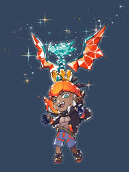 1boy arms_up black_hair blue_background blue_shorts chibi commentary_request crown dark-skinned_male dark_skin dragon_wings full_body gloves green_eyes grey_hair headband highres hood hood_down hoodie looking_ahead male_focus multicolored_hair nintendo open_mouth orange_headband partially_fingerless_gloves pokemon pokemon_swsh raihan_(pokemon) shoes shorts sideburns simple_background solo sparkle spiked_hair teeth terastallization tongue tpgphqymbipcvua two-tone_hair uneven_eyes upper_teeth_only wings
