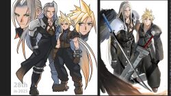 2boys armor baggy_pants bandaged_arm bandages bangle belt black_boots black_cape black_coat black_gloves black_sleeves black_vest black_wings blonde_hair blue_eyes boots bracelet brown_belt brown_boots brown_gloves cape chest_strap cloud_strife coat comparison crossed_swords final_fantasy final_fantasy_vii final_fantasy_vii_advent_children fusion_swords gloves green_eyes grey_hair jewelry ljnww6 long_bangs long_coat long_hair male_focus masamune_(ff7) multiple_boys pants parted_bangs pauldrons sephiroth short_hair shoulder_armor single_bare_shoulder single_pauldron single_sleeve single_wing sleeveless sleeveless_turtleneck spiked_hair suspenders sword turtleneck vest waist_cape weapon white_background wings