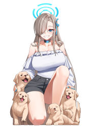 1girl absurdly_long_hair absurdres alfie_(tmdals7645) alternate_costume asuna_(blue_archive) baby_animal bare_shoulders black_skirt blue_archive blue_eyes breasts brown_hair dog hair_over_one_eye halo highres large_breasts long_hair long_sleeves looking_at_animal off_shoulder on_one_knee puppy shirt simple_background skirt smile solo very_long_hair white_background white_mouth white_shirt