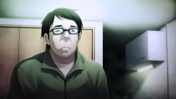 Rule 34 | 1boy, chaos;child, cupboard, drawer, frown, game cg, glasses, grey eyes, highres, indoors, jacket, male focus, non-web source, nostrils, official art, ootani yuuma, sasaki mutsumi, shirt, short hair, sitting, solo, track jacket, white shirt, zipper, zipper pull tab
