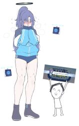 1boy 1girl ^_^ black_footwear blue_archive blue_buruma blush buruma closed_eyes covering_face doodle_sensei_(blue_archive) drone flying_sweatdrops full_body game_screenshot_inset halo highres jacket long_hair long_sleeves nose_blush purple_hair reia_76 sensei_(blue_archive) shirt shoes simple_background standing sweat toned track_jacket white_background yuuka_(blue_archive) yuuka_(track)_(blue_archive)